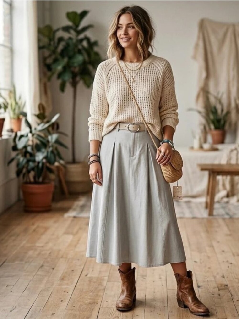 Elegant Light Blue Pleated Belted Midi Skirt